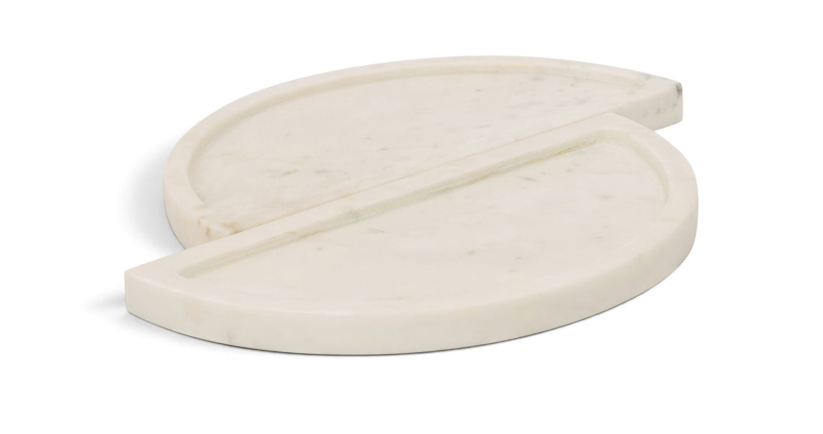 White marble tray with two round hinged sections and a curved cutout handle