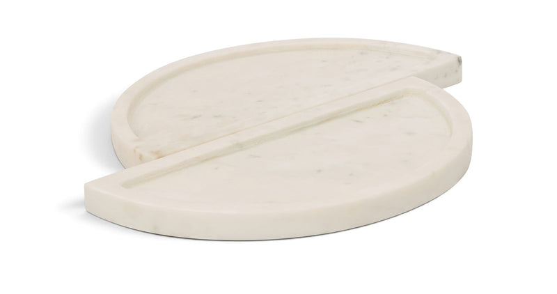 White marble tray with two round hinged sections and a curved cutout handle