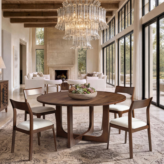 Dining chair with curved wooden back and light beige seat cushion in a dining room