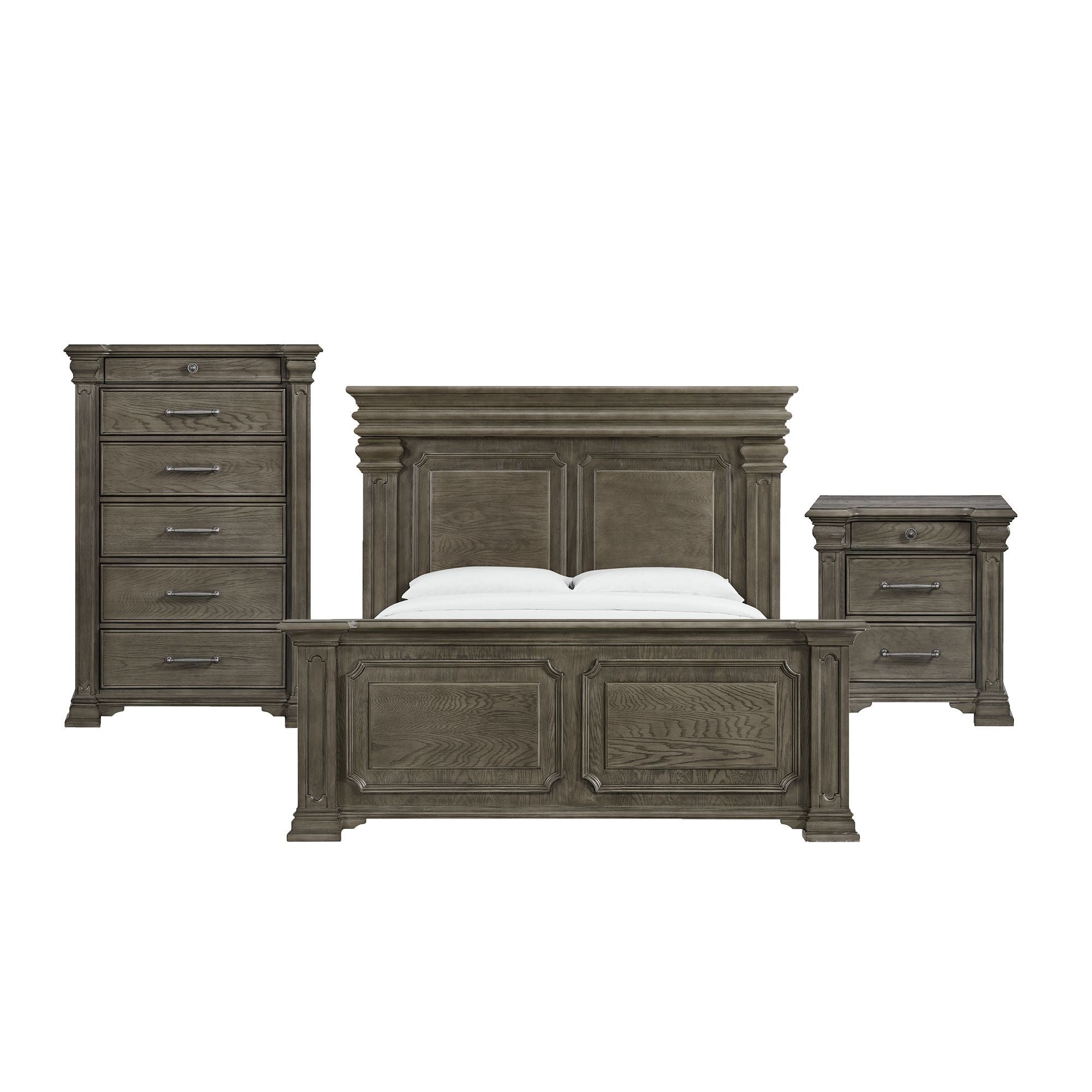 Gray wood sleigh bed with two nightstands and matching dresser