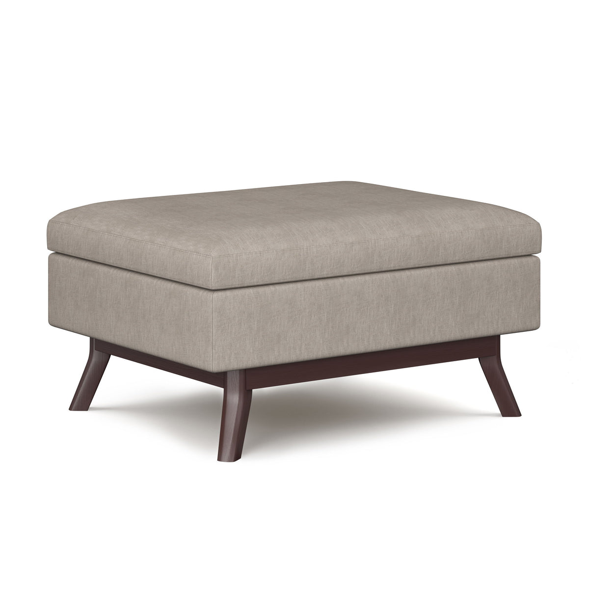 Upholstered rectangular storage ottoman with hinged top, dark legs, gray fabric cover