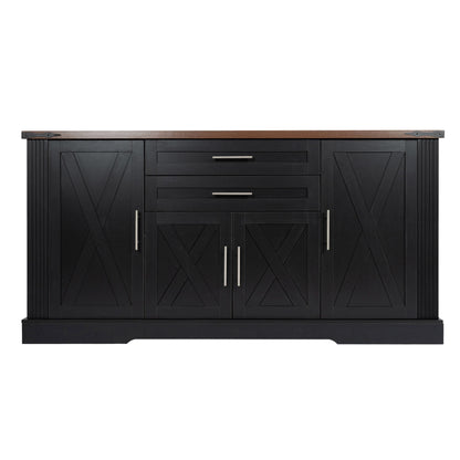 Black barn door storage cabinet with 2 drawers and paneled doors, side handles