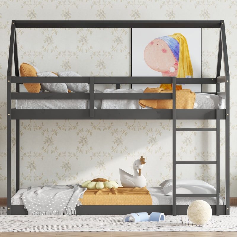 Twin over Twin Rubber Wood Floor Bunk Bed, with ladder, Guardrails, House-Shaped-Bunk Bed, Black