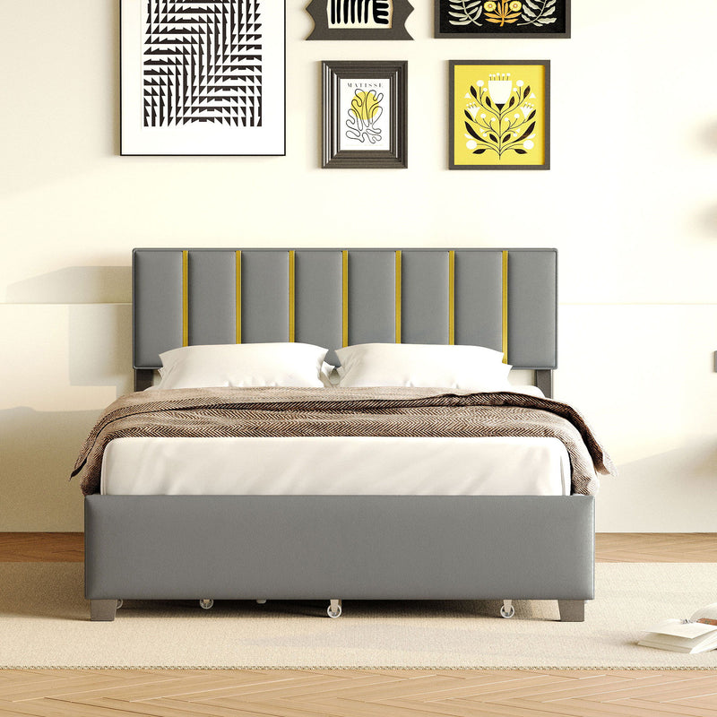 Upholstered Platform Bed With 2 Drawers And 1 Trundle, Classic Strip Headboard Design