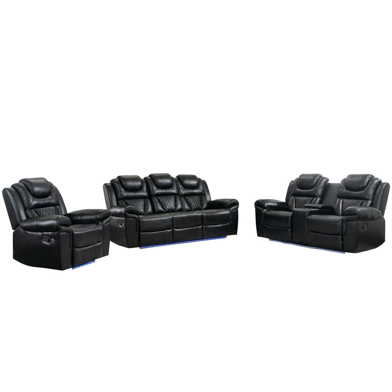 3 Pieces Recliner Sofa Sets Home Theater Seating Manual Recliner Chair With Center Console And LED Light Strip For Living Room