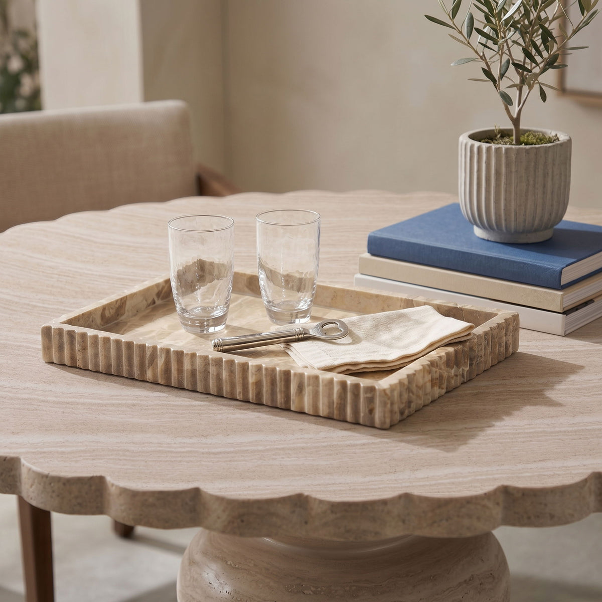 Beige genuine marble tray with ridged border for serving