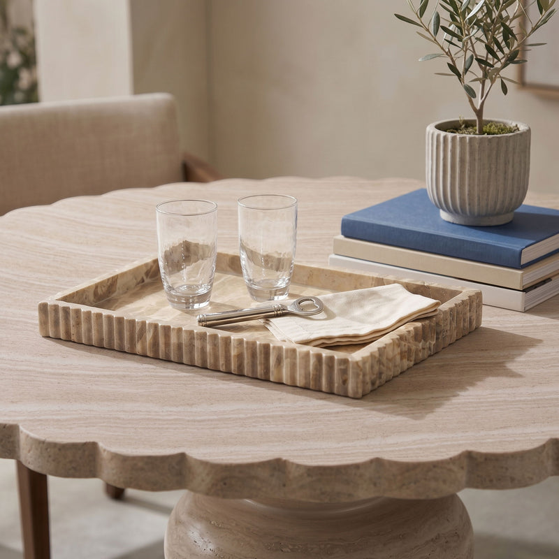Beige genuine marble tray with ridged border for serving