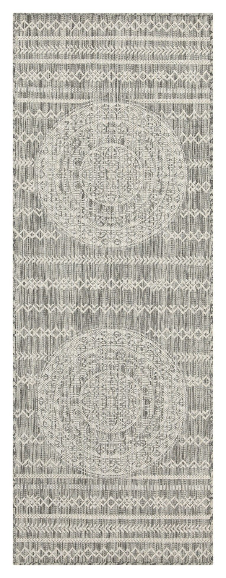 Indoor/outdoor area rug with light gray circular mandala medallions and woven stripe pattern