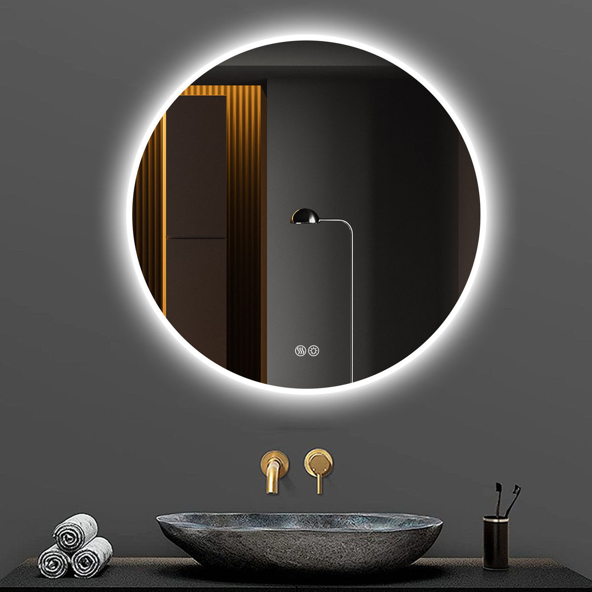 Round LED bathroom mirror with bright white LED halo ring, anti-fog glass, touch controls