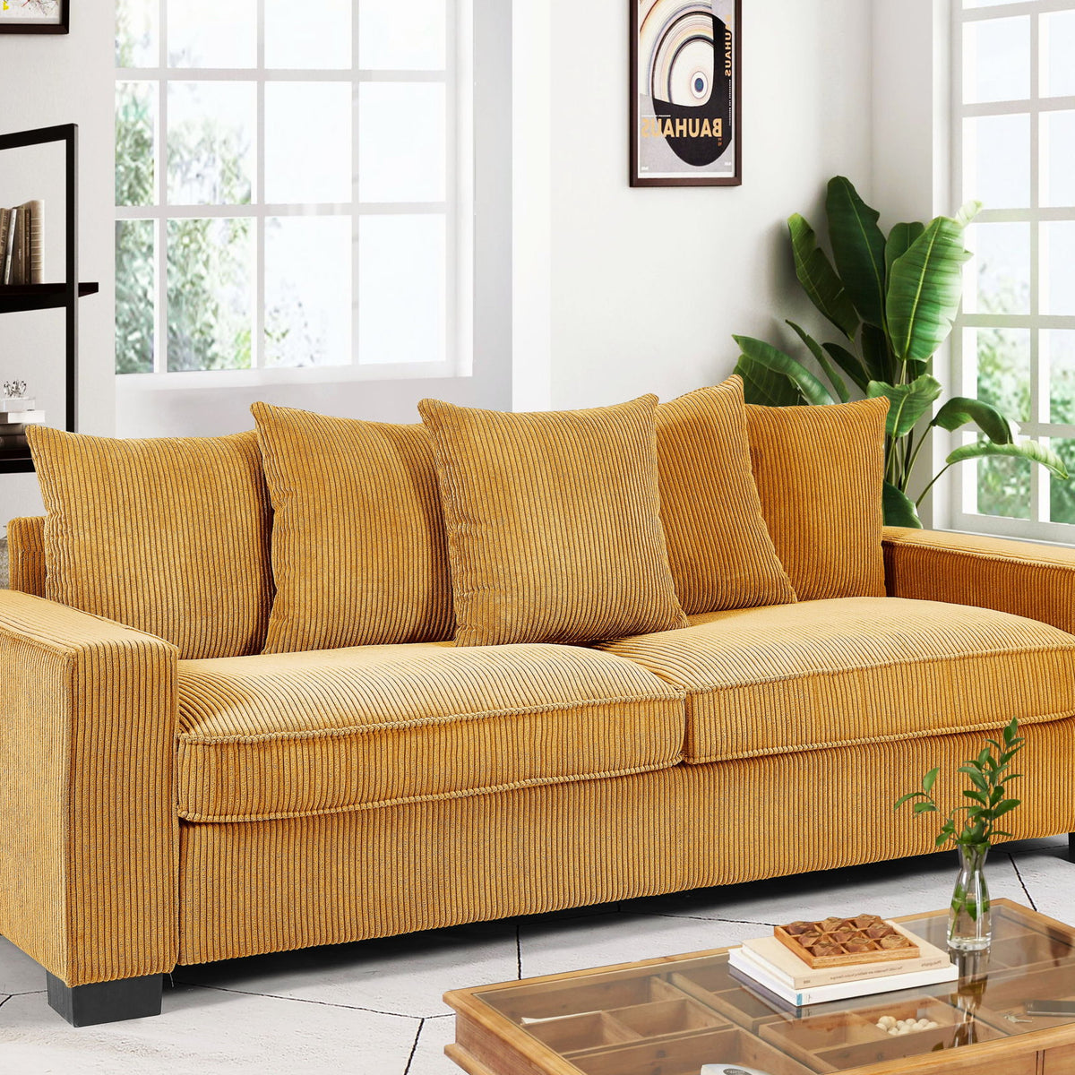 Luxe Corduroy Sofa With 5 Matching Toss Pillows, Sleek Design, Spacious And Comfortable 3 Seater Couch