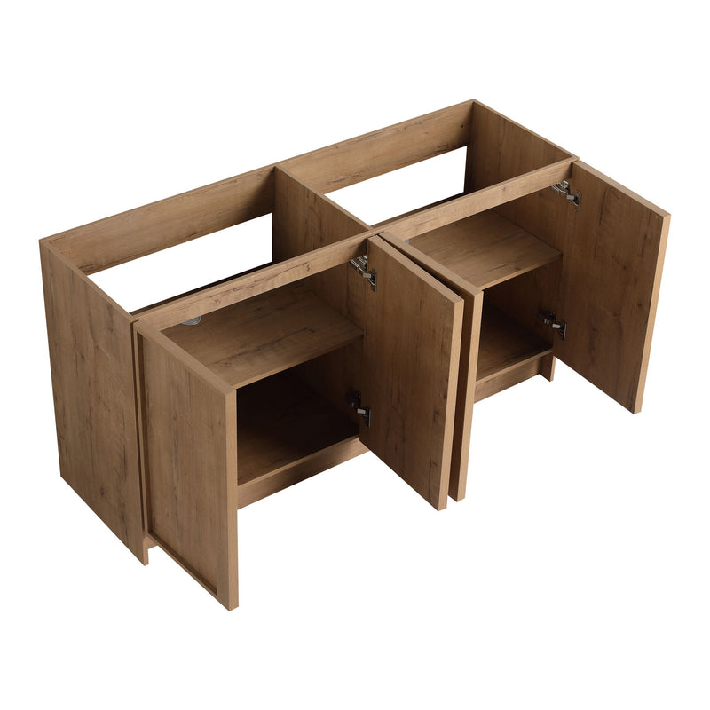 Freestanding bathroom vanity with two cabinet doors open, interior shelves visible