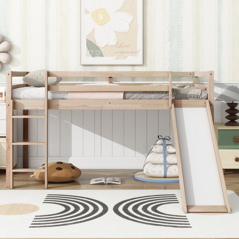 Twin Low Loft Bed with Slide, Ladder, Safety Guardrails, Rubber Wood Twin Loft Bed, Natural