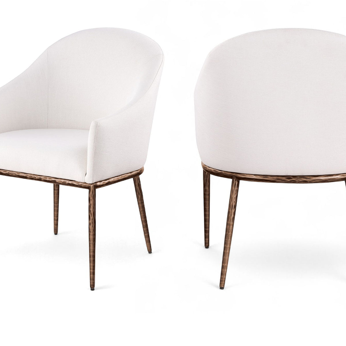 Ferro - Linen Textured Performance Fabric Upholstered Dining Arm Chair - Cream / Brushed Bronze