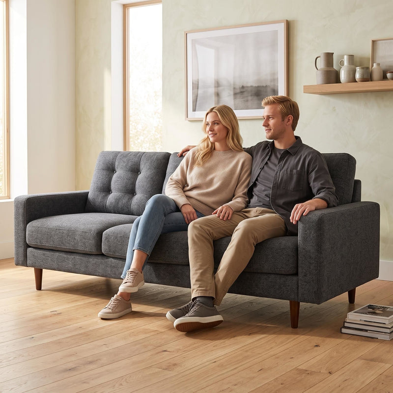 Dark gray three-seat tufted sofa with wide arms and wood legs, shown with two seated people