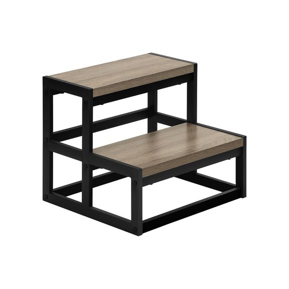 Taupe two-step step stool with black metal frame, ladder-style design