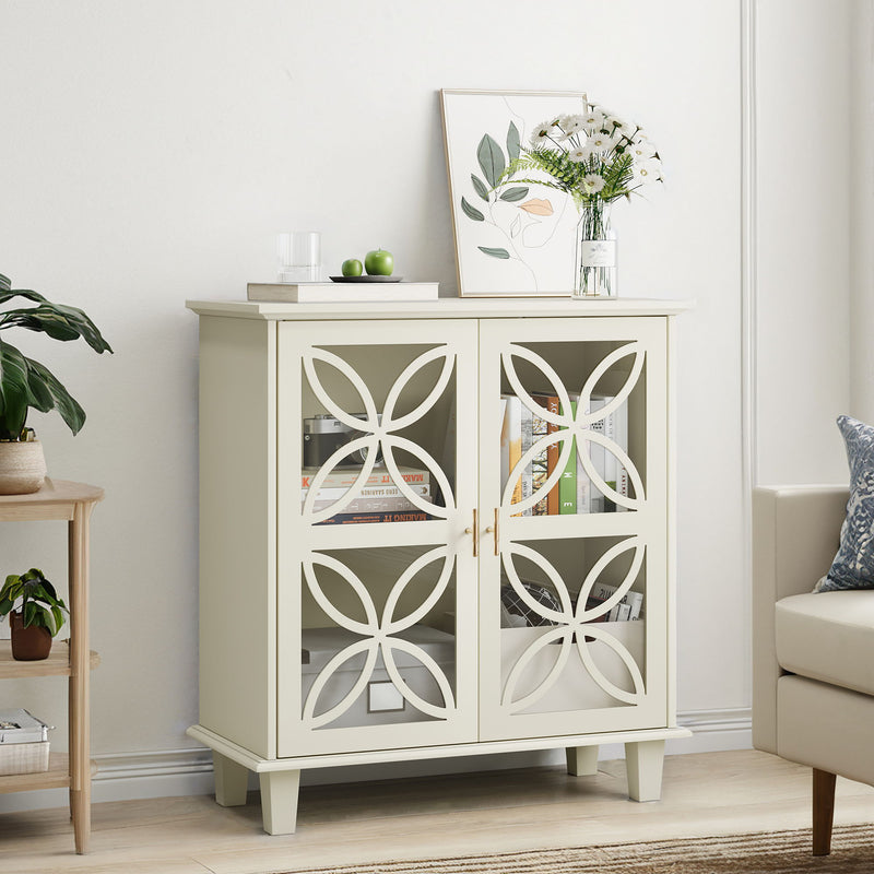 Modern Retro Sideboard Buffet Storage Cabinet With Adjustable Shelves And Tempered Glass Doors - Cream Color
