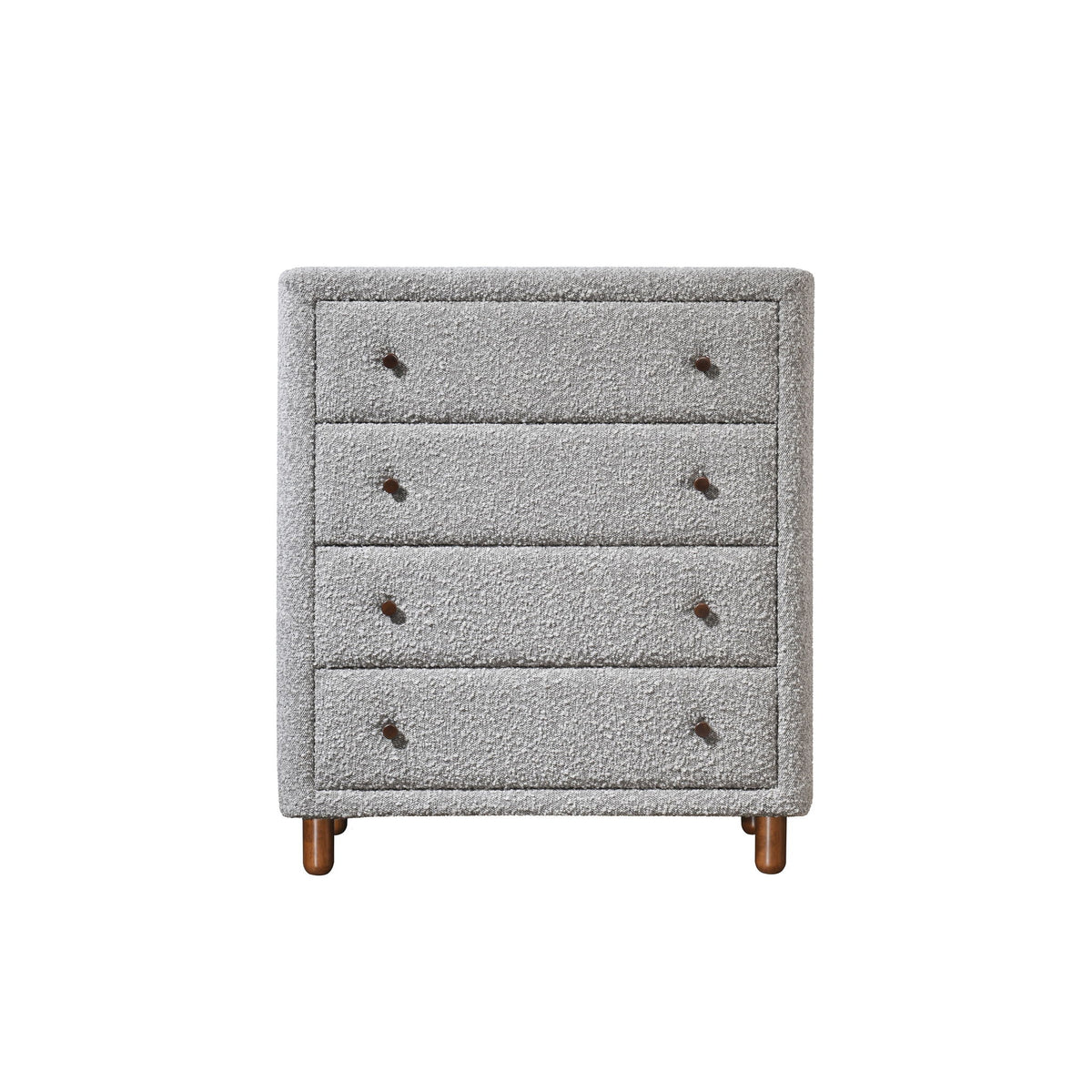 Gray upholstered chest with four drawers and dark legs