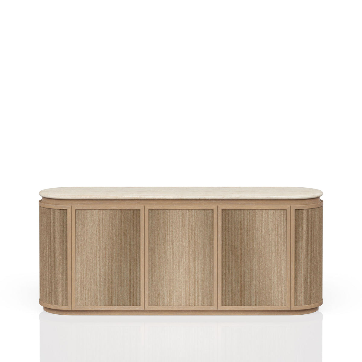 Beige rounded media cabinet with three panel doors and smooth top