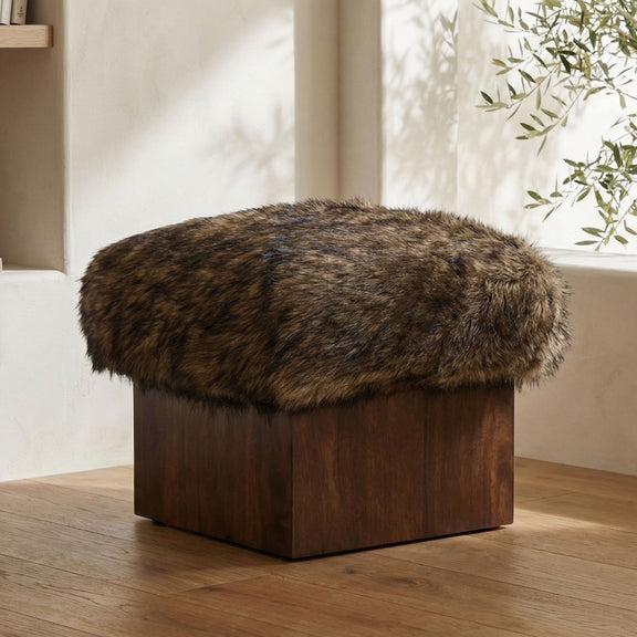Brown faux fur ottoman seat on dark wood block base