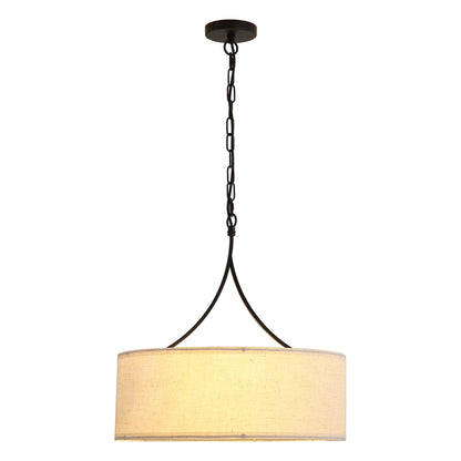 Black 3-light drum pendant light with beige fabric shade and hanging chain, adjustable height