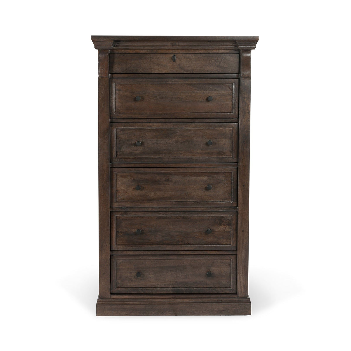 Wood six-drawer chest, cocoa brown finish with metal knobs and stacked drawer fronts