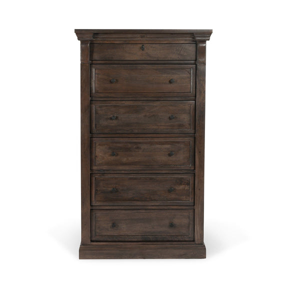 Wood six-drawer chest, cocoa brown finish with metal knobs and stacked drawer fronts