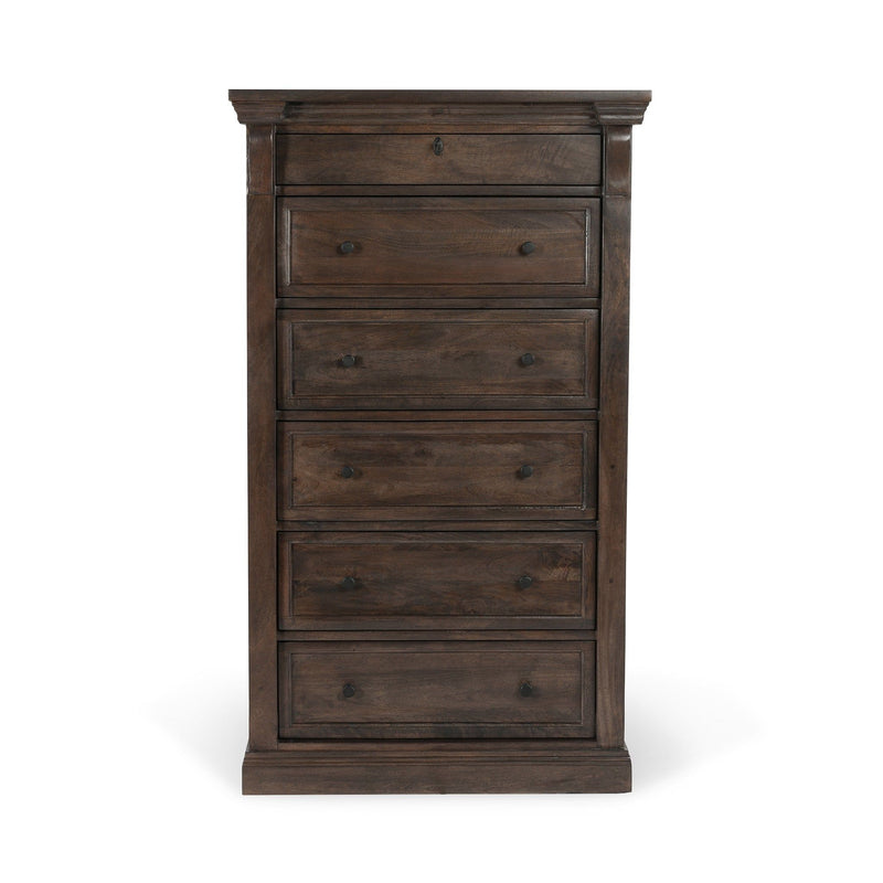 Wood six-drawer chest, cocoa brown finish with metal knobs and stacked drawer fronts