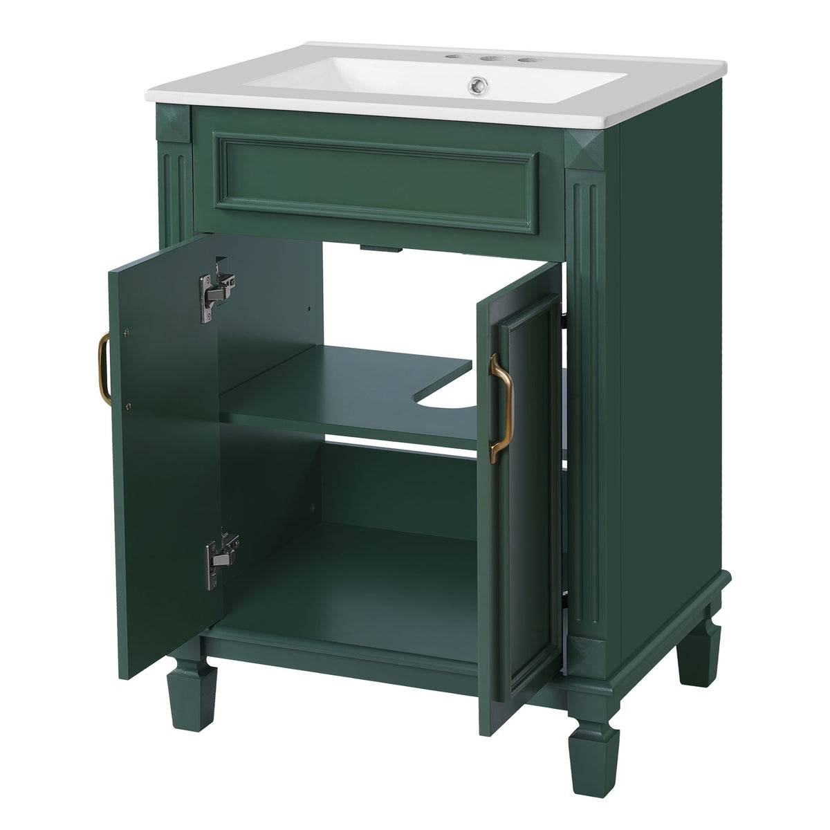 Dark green bathroom vanity cabinet with white top sink, open double-door storage