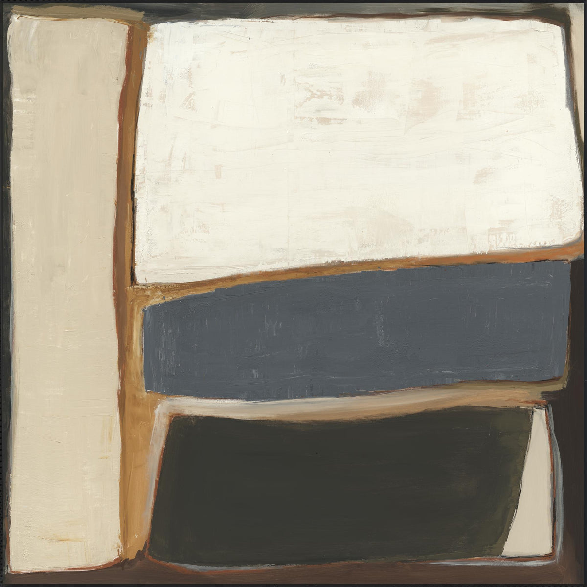Framed abstract painting, off-white upper band and dark gray lower panels