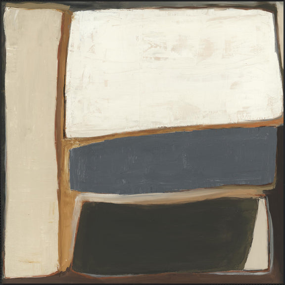 Framed abstract painting, off-white upper band and dark gray lower panels