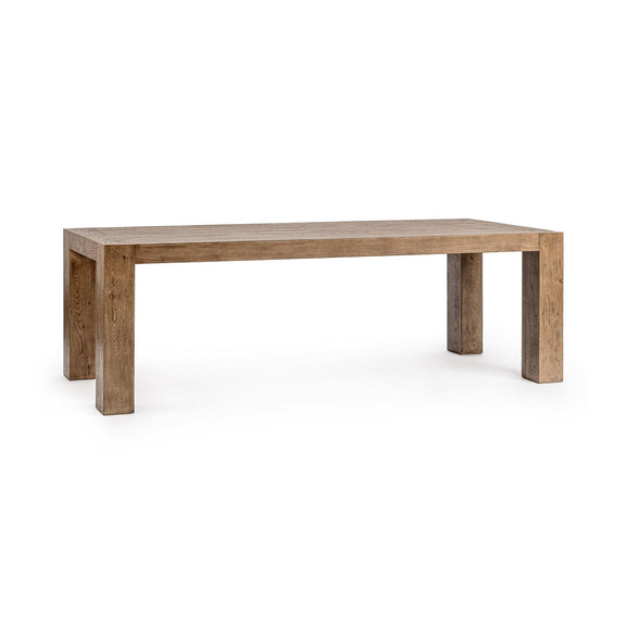 Rectangular dining table in natural oak with block legs, angled view