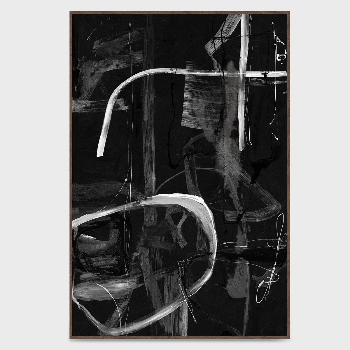 Framed black abstract painting with light brush marks and scribble lines