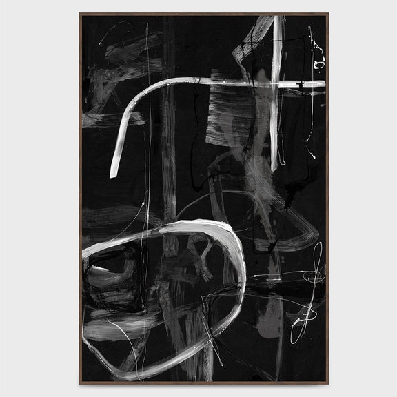 Framed black abstract painting with light brush marks and scribble lines