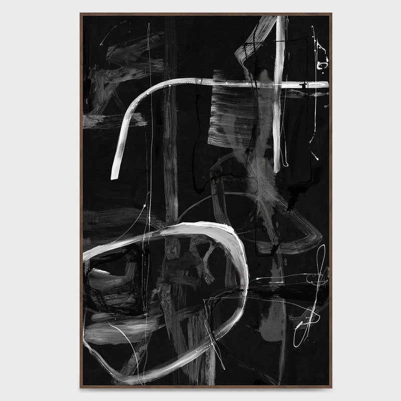 Framed black abstract painting with light brush marks and scribble lines