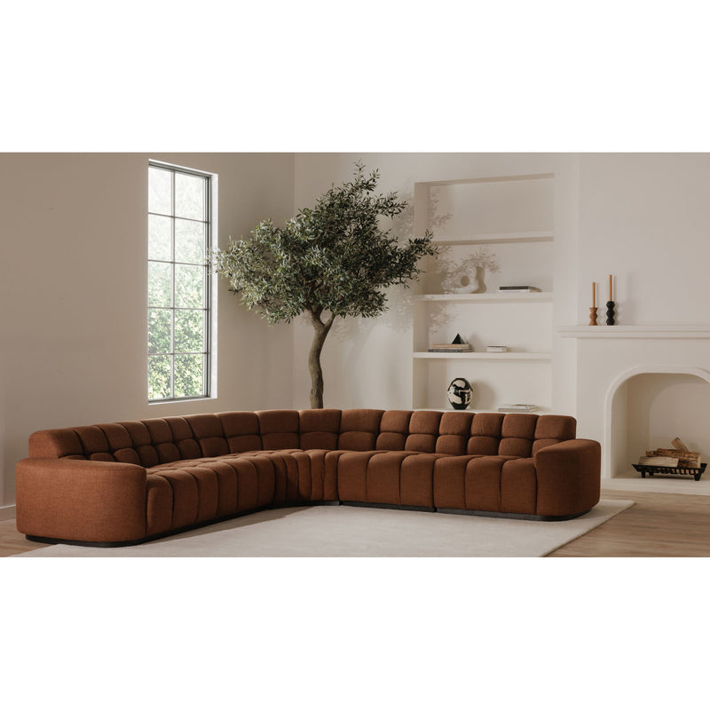 Rust-brown L-shaped sectional sofa with thick back cushions and curved chaise