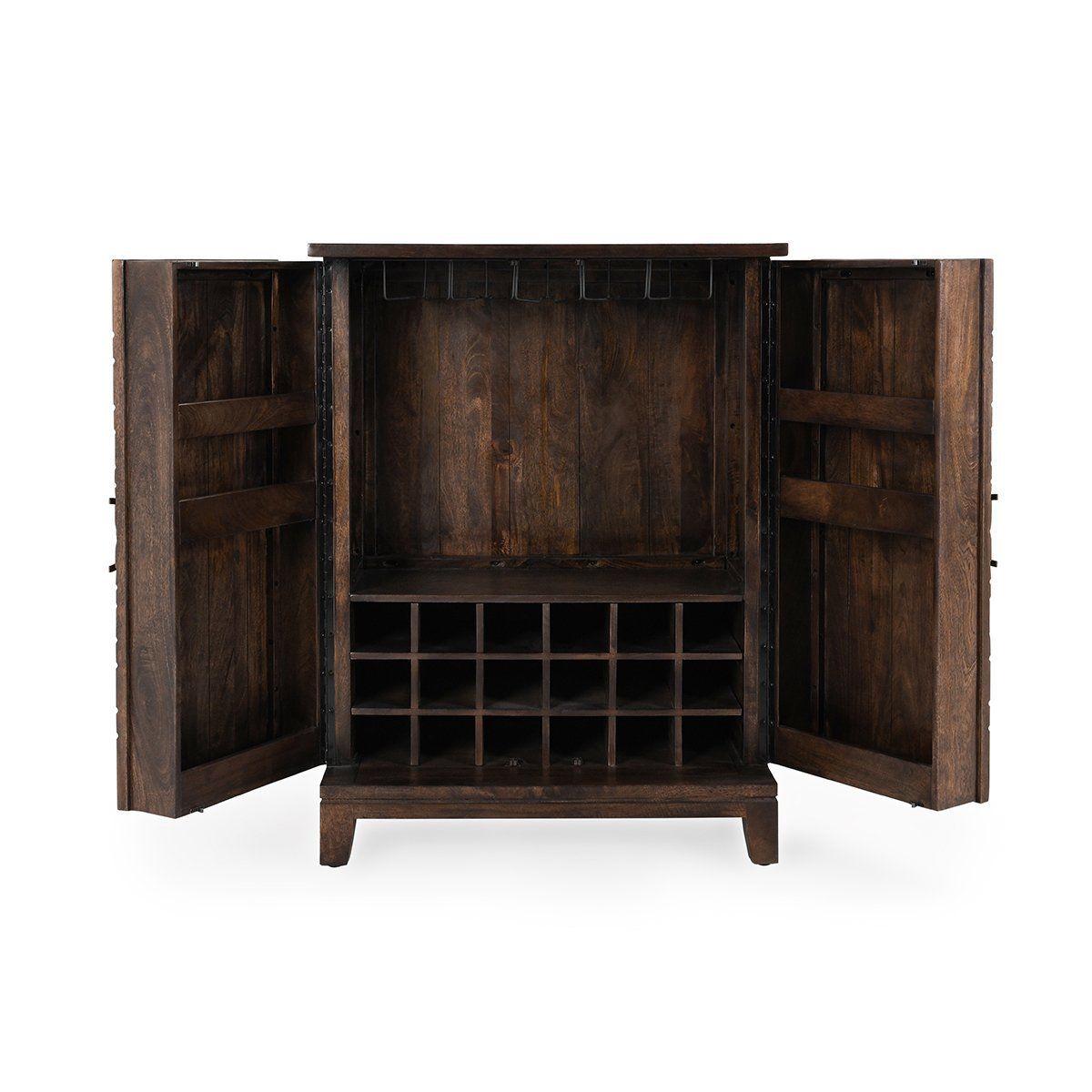 Brown wood bar cabinet open to reveal interior shelves and glass rack