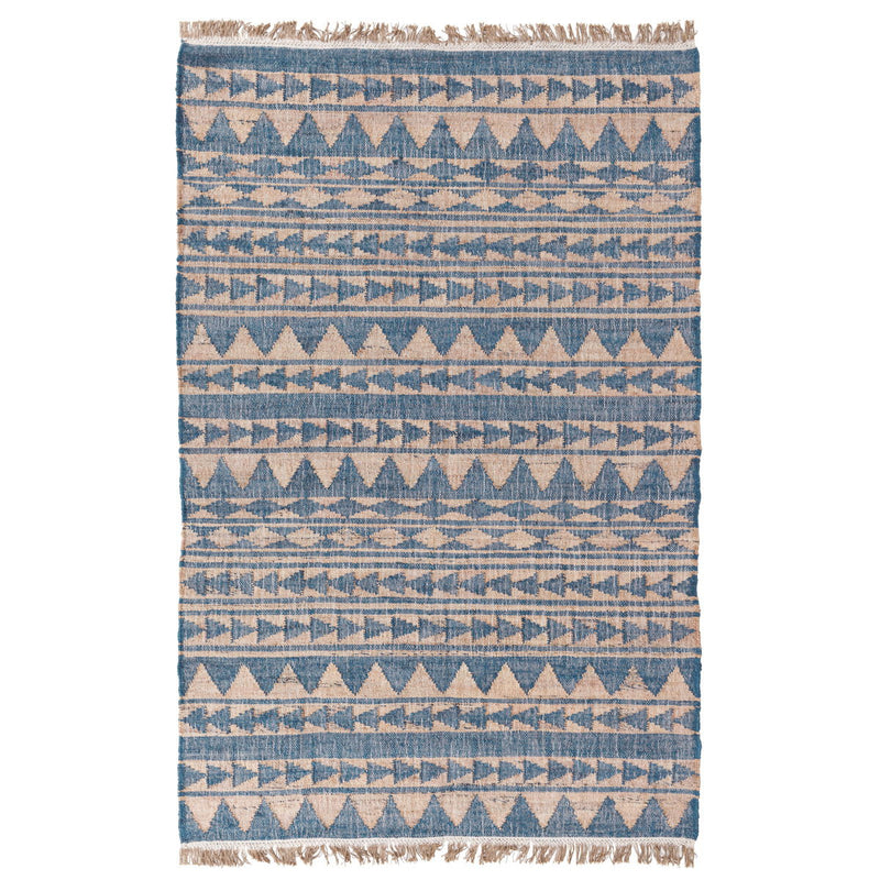 Blue and natural distressed geometric rug with fringe trim and layered horizontal zigzag bands.