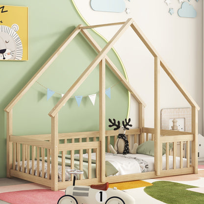 Twin Wood House-Shaped Floor Bed with Fence, Guardrails, Natural