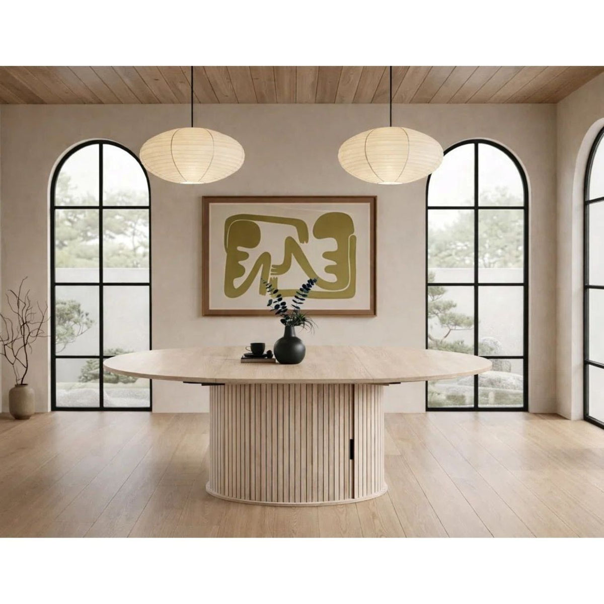 Round dining table with ribbed pedestal base and hidden storage door, light ivory wood