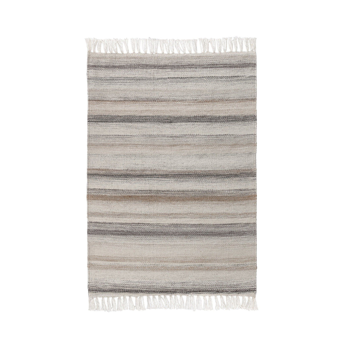 Ivory striped area rug with gray horizontal bands and white fringe trim