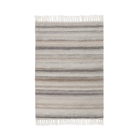 Ivory striped area rug with gray horizontal bands and white fringe trim