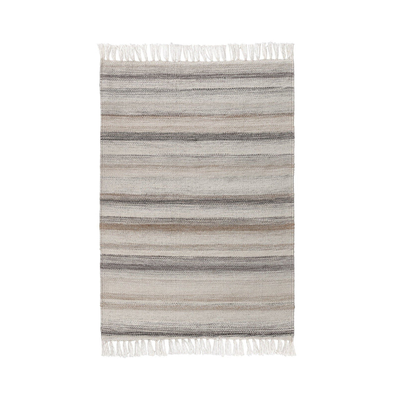 Ivory striped area rug with gray horizontal bands and white fringe trim