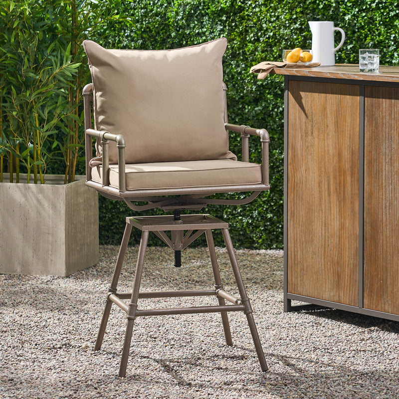 Industrial Outdoor Patio Plumber's Iron Frame Swivel Barstool With Cushions, Height Adjustable
