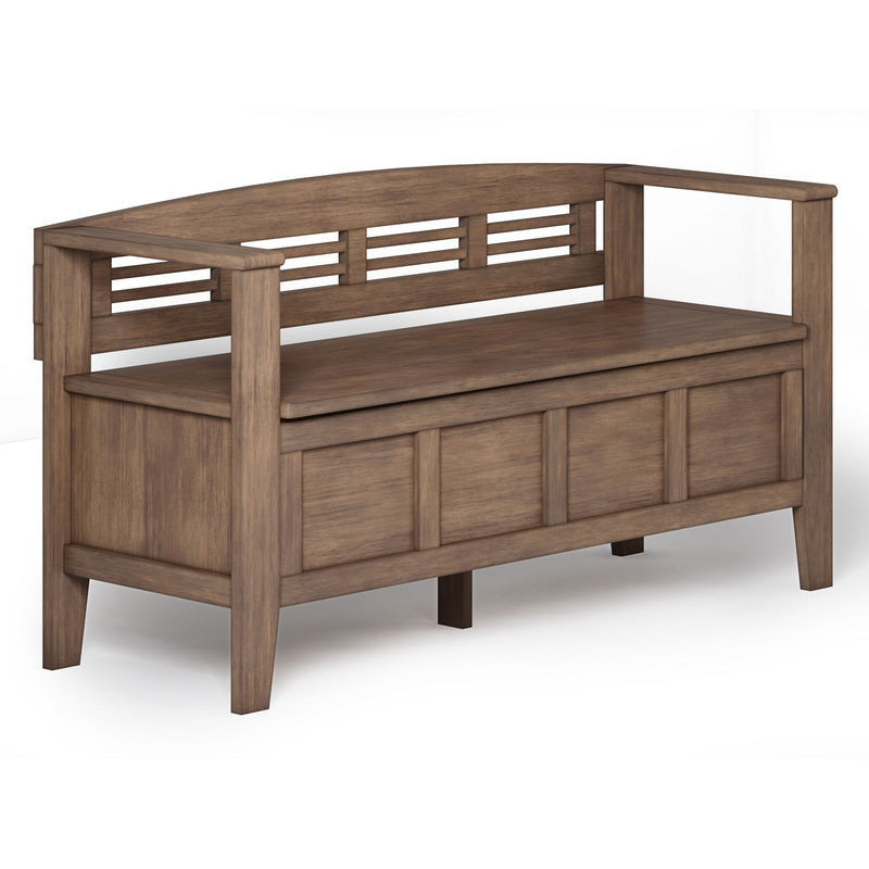 Rustic wood entryway storage bench with slatted back panel and cushioned top, brown.