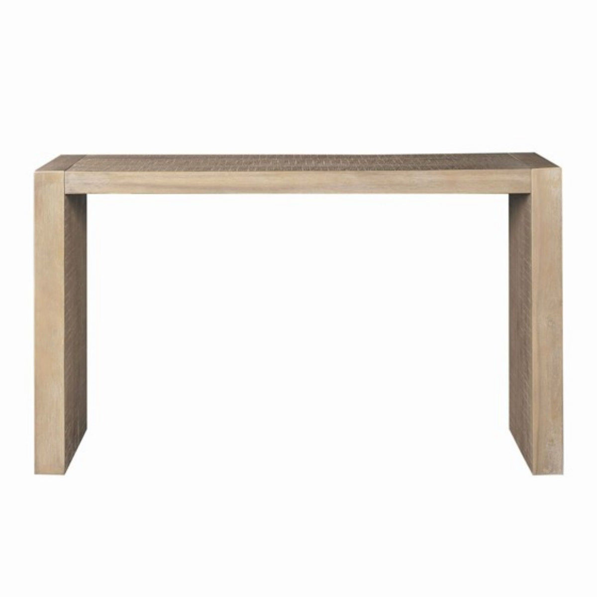 Light brown console table with wide rectangular top and squared legs