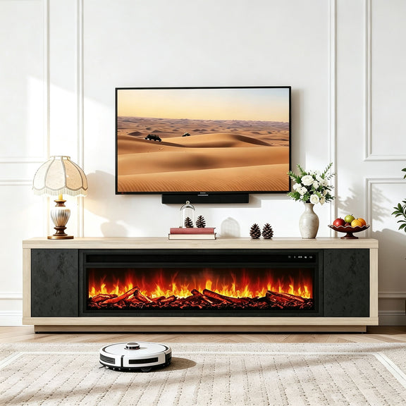 Beige & black fireplace TV stand with electric firebox and open center console