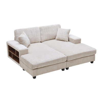 Convertible sleeper sectional sofa in beige striped corduroy with storage side console