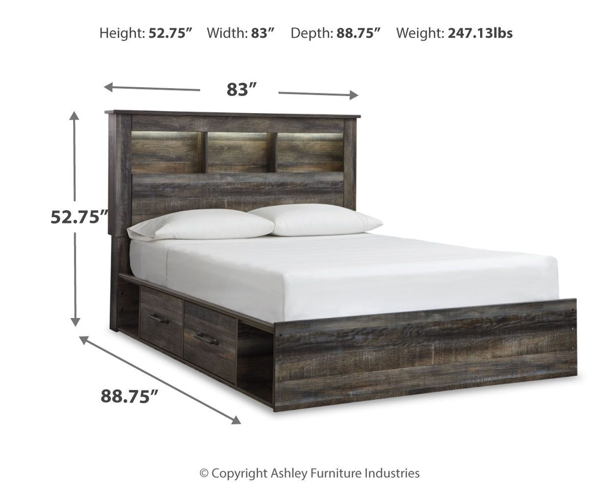 Panel bookcase bed in dark brown wood with open cubby headboard, two drawers, white mattress