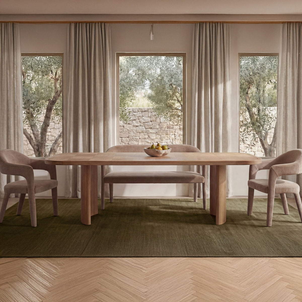 Dining bench not visible; scene shows dining table with upholstered chairs