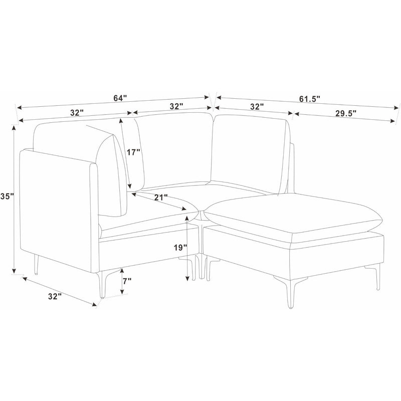 Beige sectional with corner chaise and ottoman and tall legs; dimension diagram